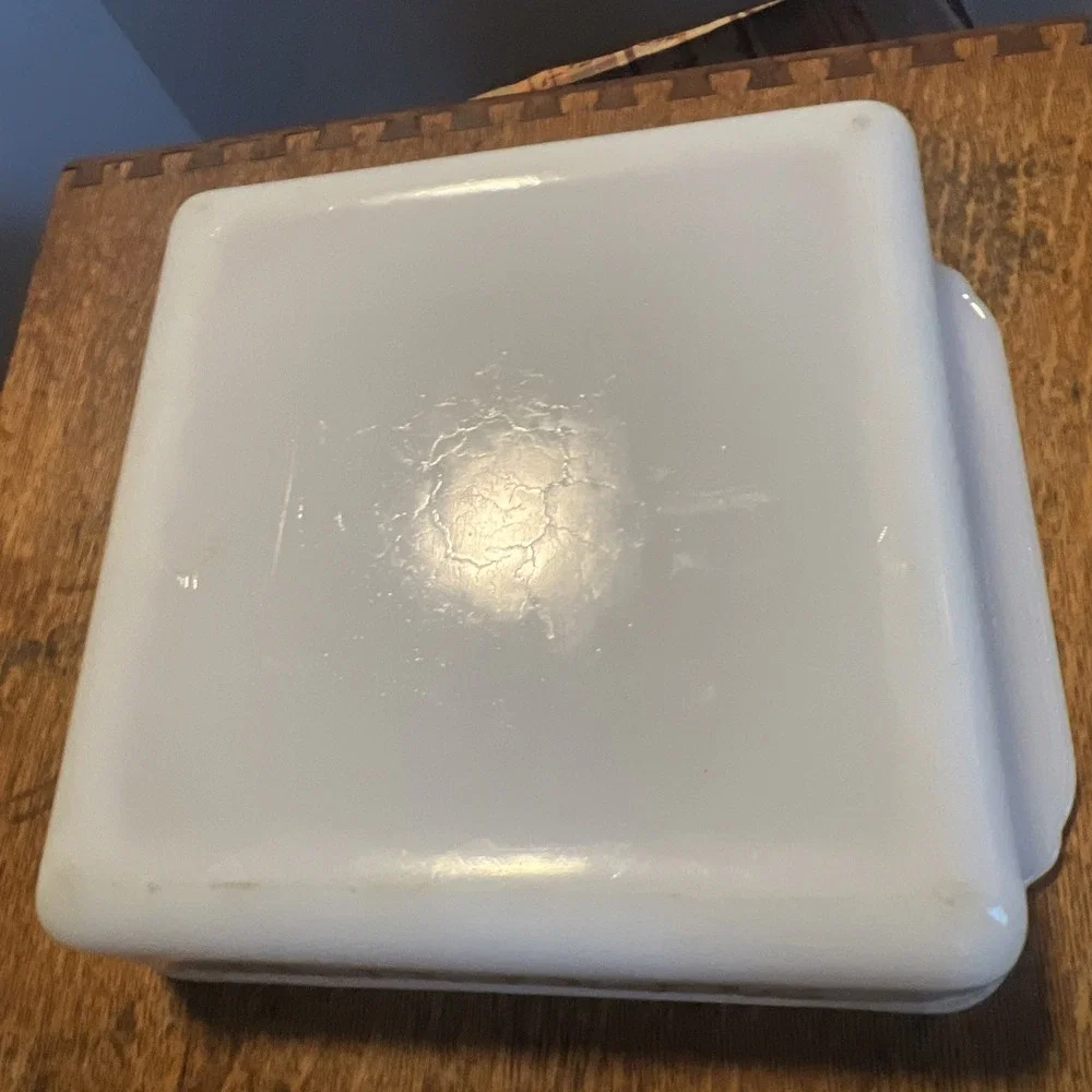 Vtg Fire King Gold Atomic Starburst Milk Glass Casserole Dish Square MCM 8in